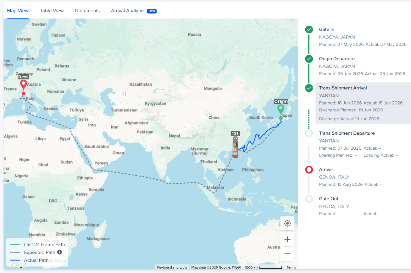 Tracciamento contenitori marittimi con mappa e timeline